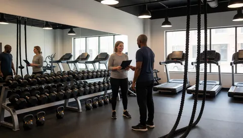 Boxing instructor reviewing a workout routine with a client in a modern gym with dumbbells, treadmills, and battle ropes visible