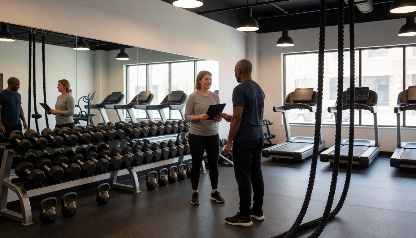 Boxing instructor reviewing a workout routine with a client in a modern gym with dumbbells, treadmills, and battle ropes visible