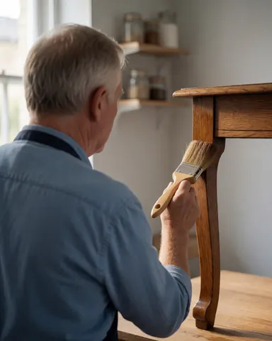 A man uses a natural bristle brush to apply varnish to a wooden table leg in a workshop with gray walls and natural light.