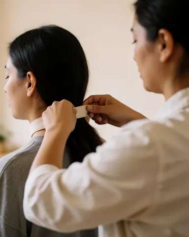 Yoga professional adjusting a neck strap on a client in a studio with beige walls and soft lighting