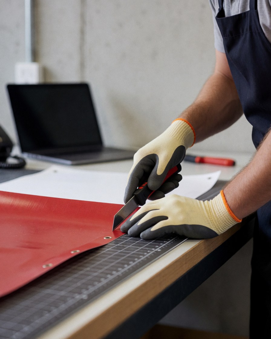 A worker wearing gloves cuts a red flag on a cutting mat in a textile printing workshop with concrete walls.
