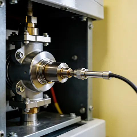 Detailed view of a boiler burner assembly featuring a flame sensor and electrical connections inside a heating system.