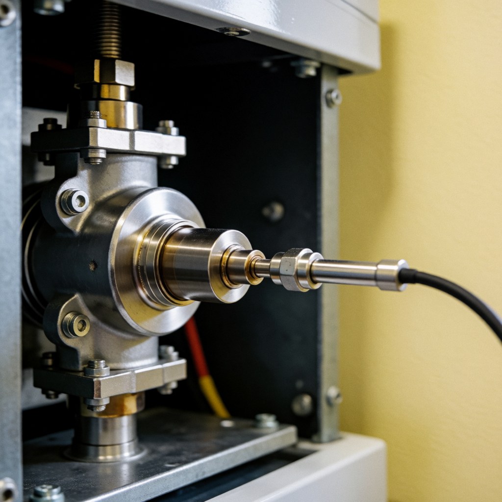 Detailed view of a boiler burner assembly featuring a flame sensor and electrical connections inside a heating system.