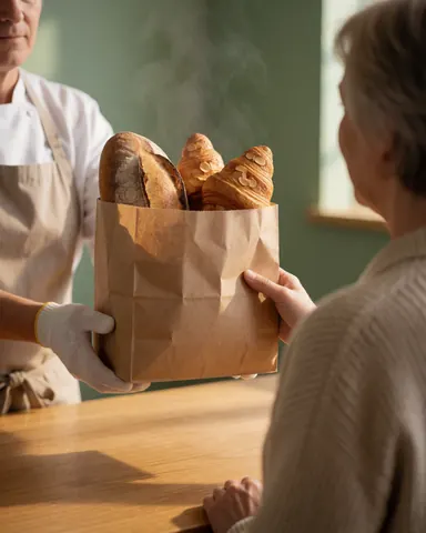 A customer receives a bag with a baguette and croissants from a baker in a bakery with green walls and natural light.