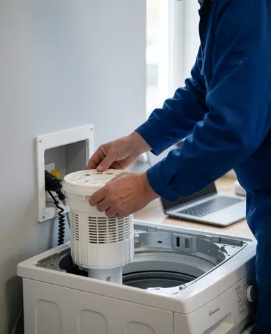 Technician in blue uniform installing white drain filter on white washing machine base against light gray wall during repair service