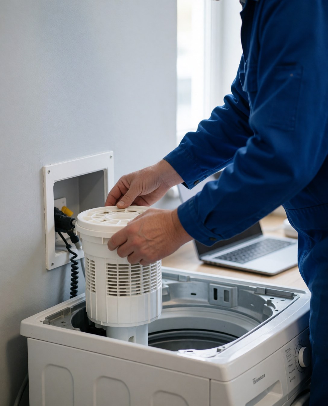 Technician in blue uniform installing white drain filter on white washing machine base against light gray wall during repair service