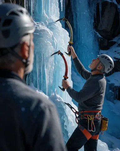 Back view of a climbing coach with ice gear on a frozen wall during mountain training