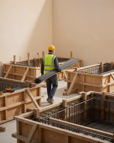 A bricklayer wearing a hard hat and safety vest carries rebar between wooden formwork for foundations at a construction site