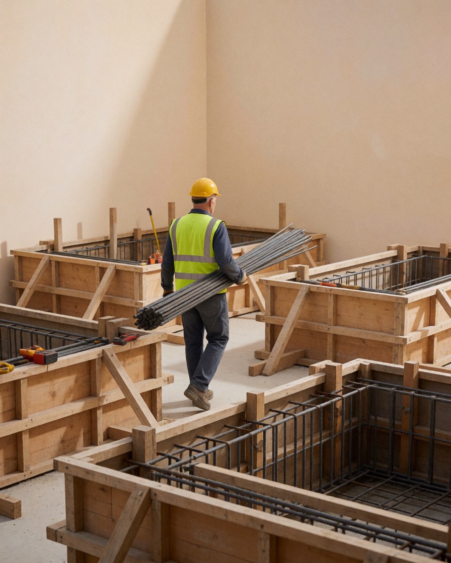 A bricklayer wearing a hard hat and safety vest carries rebar between wooden formwork for foundations at a construction site