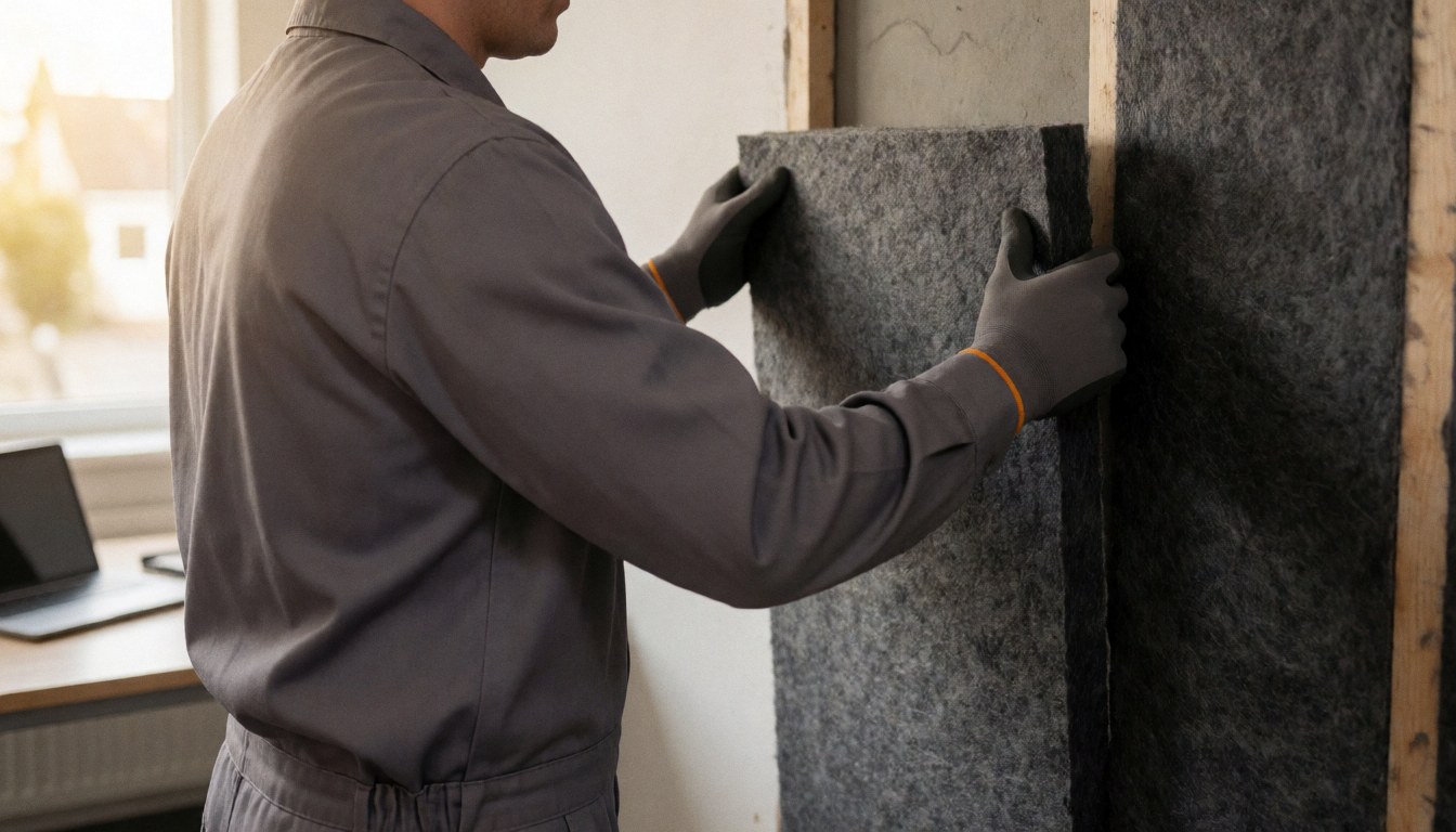 Technician wearing gloves installs a thermal insulation board on a wooden framed wall illuminated by natural light.