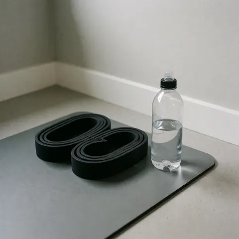 Two black resistance bands and a water bottle on a gray exercise mat in a gym with light gray walls and warm lighting