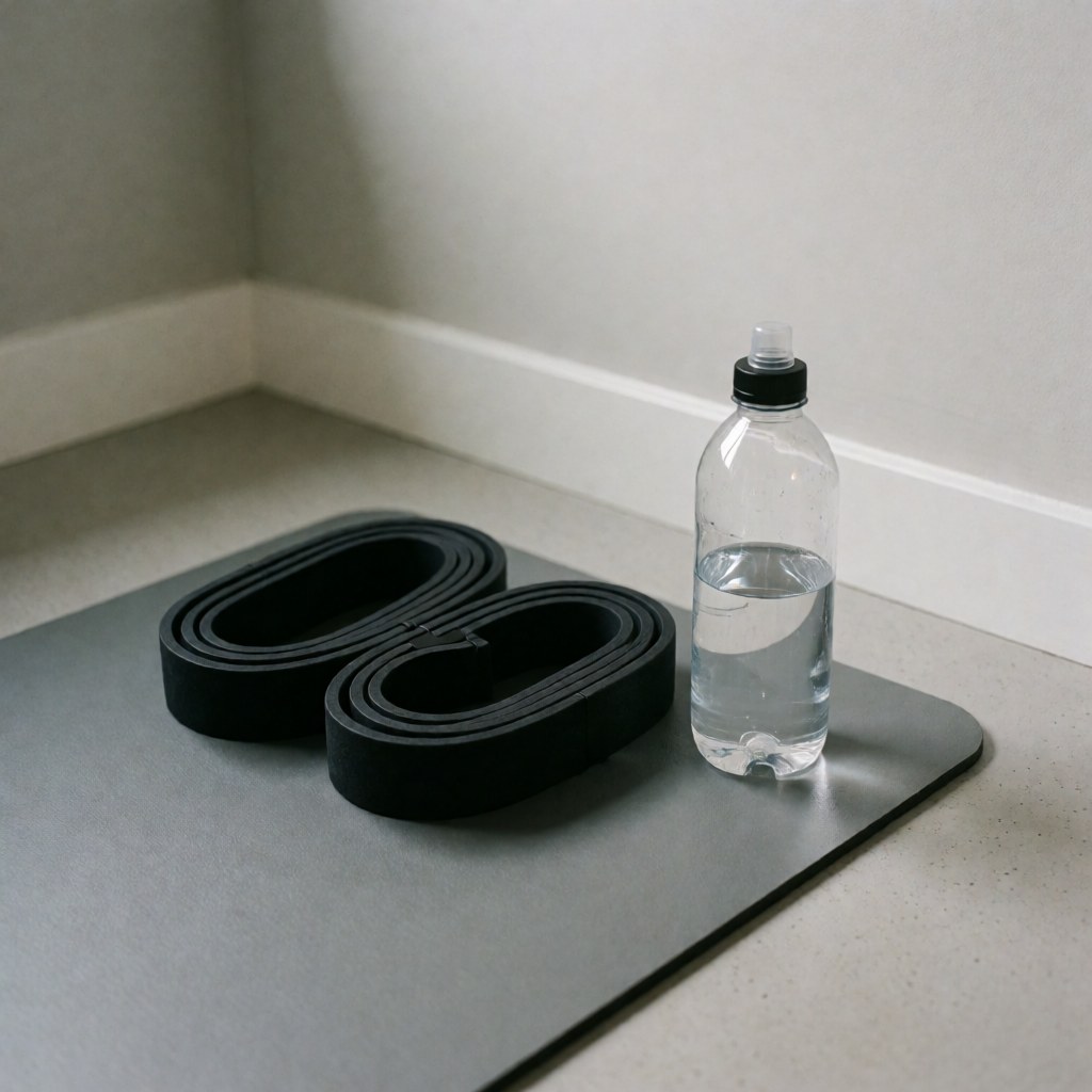Two black resistance bands and a water bottle on a gray exercise mat in a gym with light gray walls and warm lighting