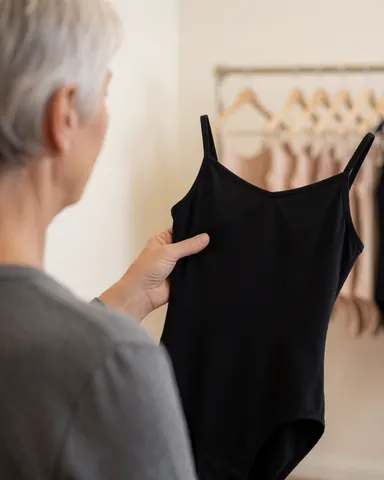A customer examines a black leotard in a dancewear shop with clothing racks in the background.
