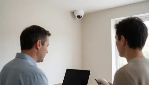 Two people inspecting a wall-mounted security sensor in a bright room with a laptop and clean walls.