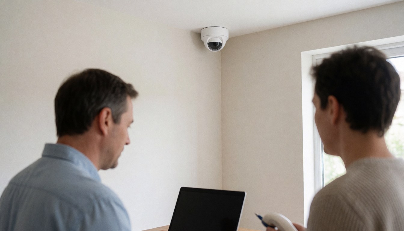 Two people inspecting a wall-mounted security sensor in a bright room with a laptop and clean walls.