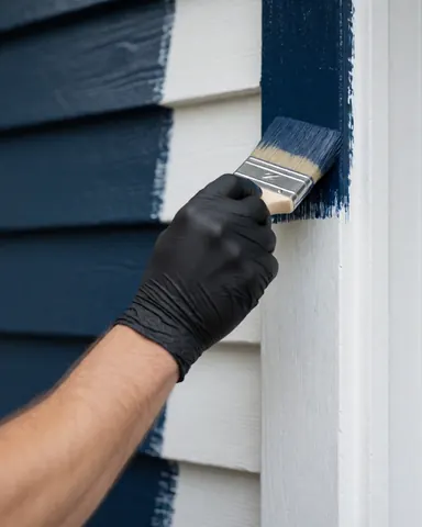 Close-up of a gloved hand using a blue paintbrush to apply navy blue paint to an exterior house wall, showcasing professional painting service in action.
