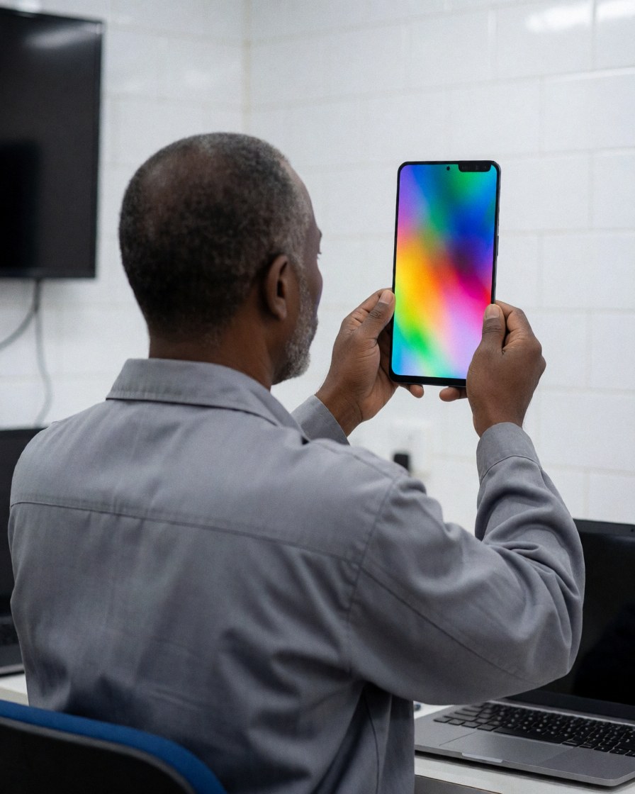 Close-up of a technician's hands working on a smartphone display during a repair service