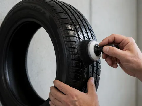 A hand uses a brush to apply a shiny product to the sidewall of a black tire against a smooth concrete wall.
