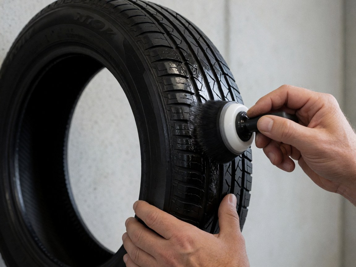 A hand uses a brush to apply a shiny product to the sidewall of a black tire against a smooth concrete wall.