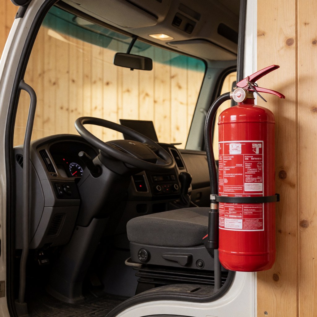 Close-up of a red fire extinguisher mounted inside a tow truck cab with a steering wheel and wooden dashboard visible