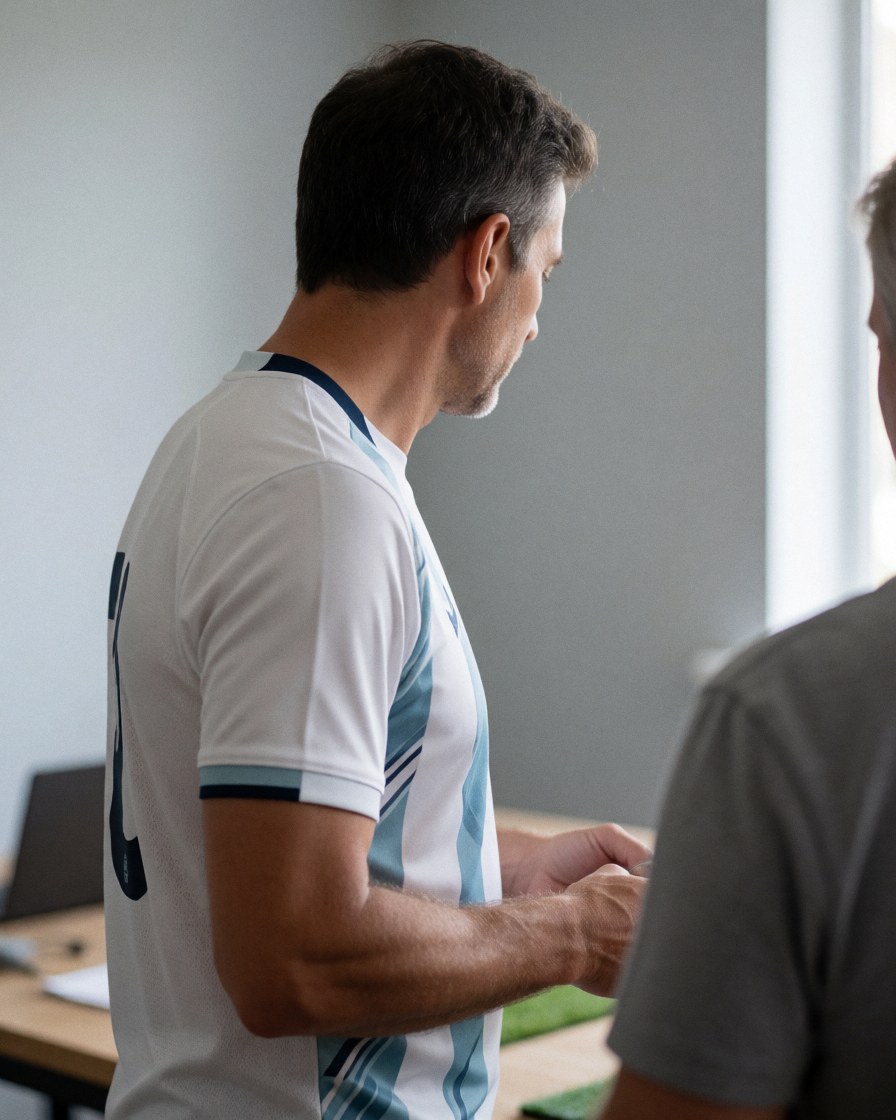 Soccer coach in uniform explaining strategy to a player in an indoor training space with gray walls