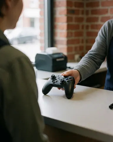 A customer hands a black game controller to a repair shop professional for service.