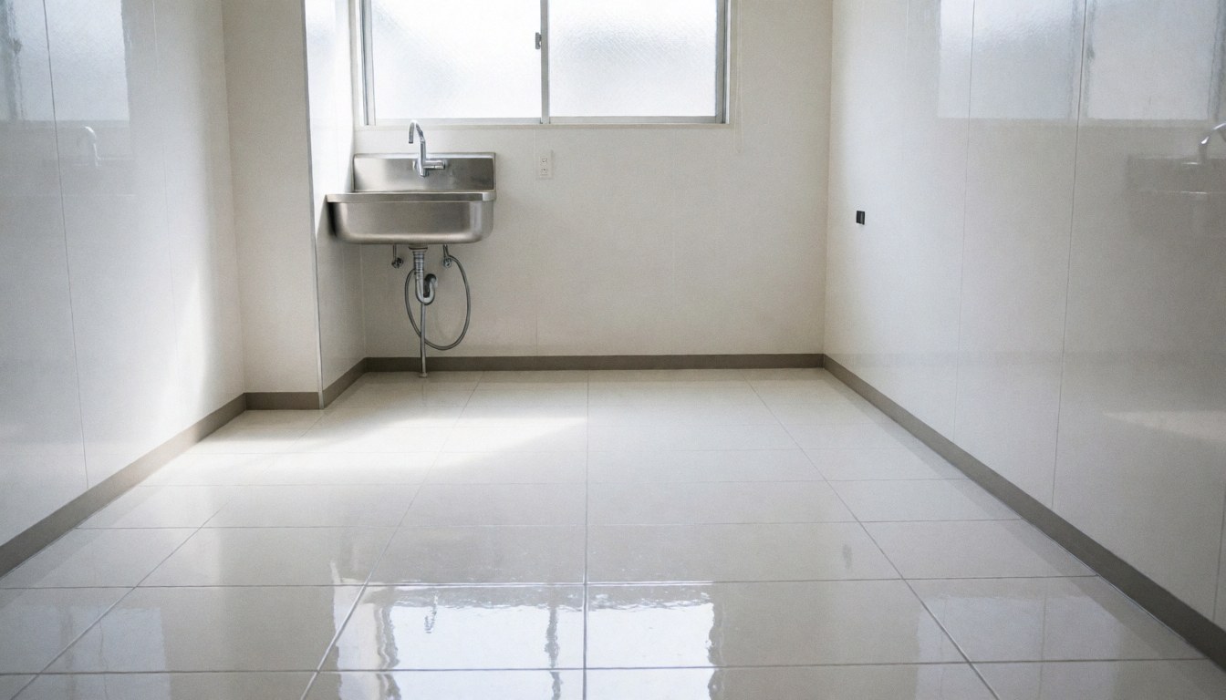 Clean professional kitchen area featuring a stainless steel sink, glossy white tile floor, and a high window letting in natural daylight.