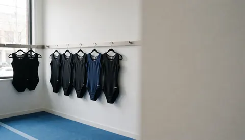 Black and blue gymnastics leotards hanging on a white wall in a gym with a blue floor and natural light