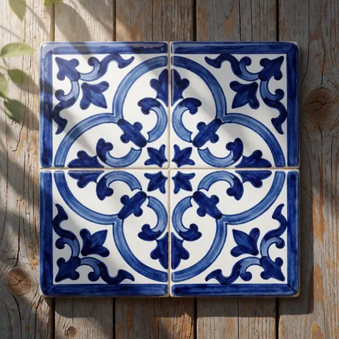 Close-up of traditional blue and white ceramic patterns resting on a rustic wooden surface, suitable for theme park decor details.