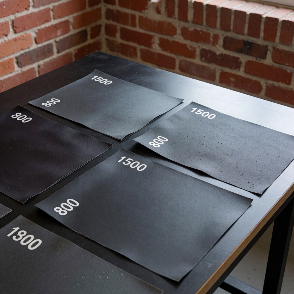 Close-up of automotive sandpaper sheets with 800 and 1500 grit textures resting on a dark work surface against a red brick wall for auto body repair