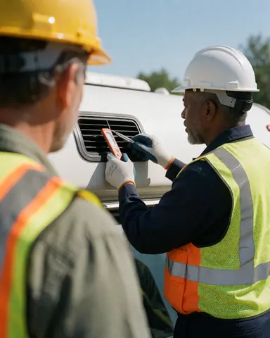 Mechanic uses a thermometer to test the air conditioning system on a white camper van while a customer watches under sunny conditions.