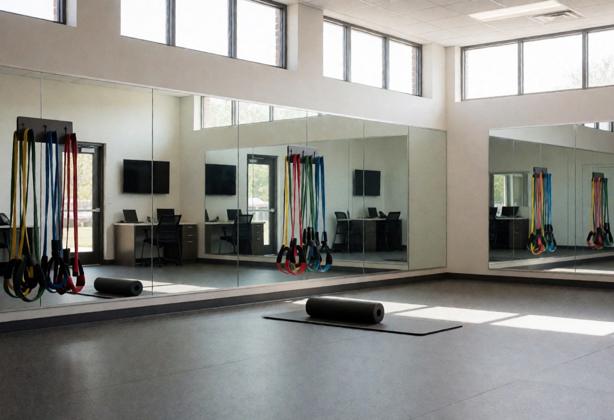 Empty training room with mirrors, resistance bands, and foam rollers on rubber flooring, ideal for a golf instructor.