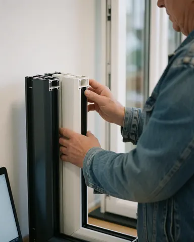 Customer comparing white PVC and gray aluminum window profiles in a clean, white-walled window store.