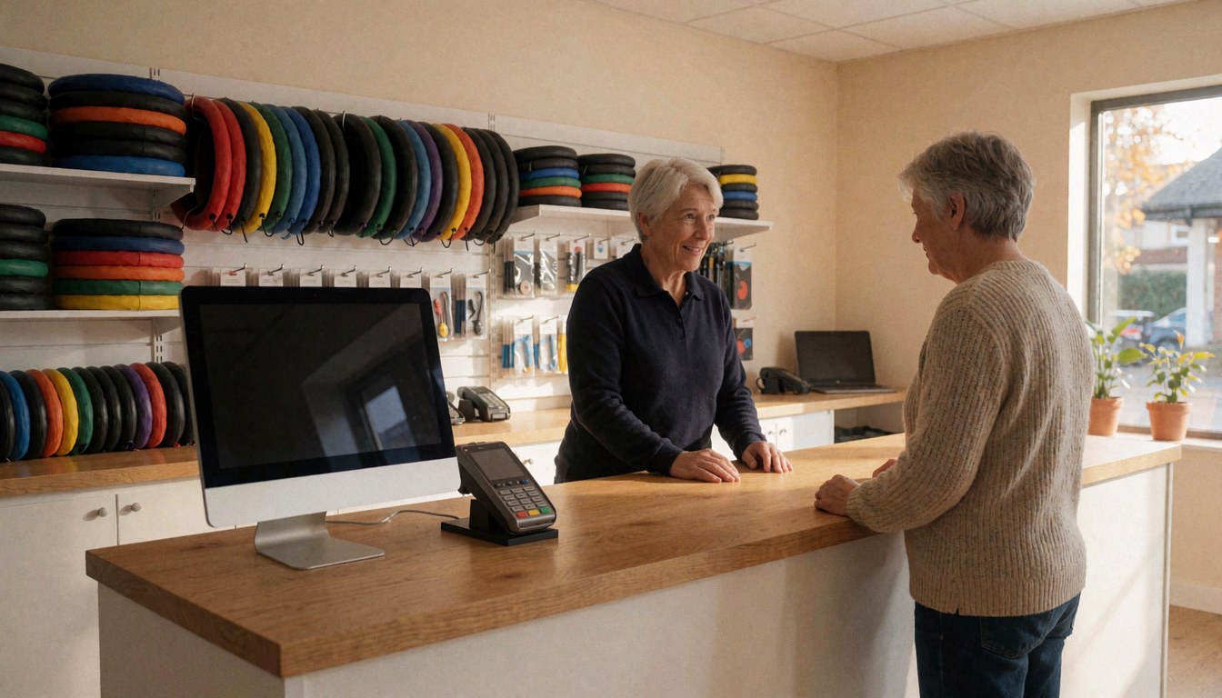 Bike shop employee assisting customer at counter with payment terminal and computer, shelves with inner tubes in background