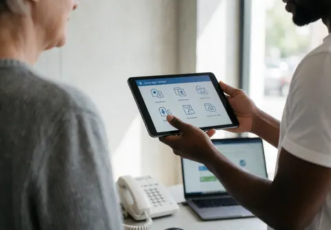 A travel agent displays insurance coverage options on a tablet to a client in a modern office setting with a concrete wall and laptop in the background