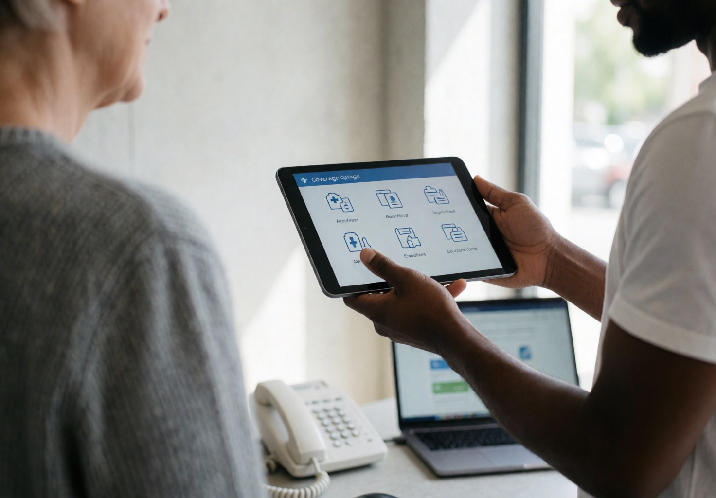 A travel agent displays insurance coverage options on a tablet to a client in a modern office setting with a concrete wall and laptop in the background
