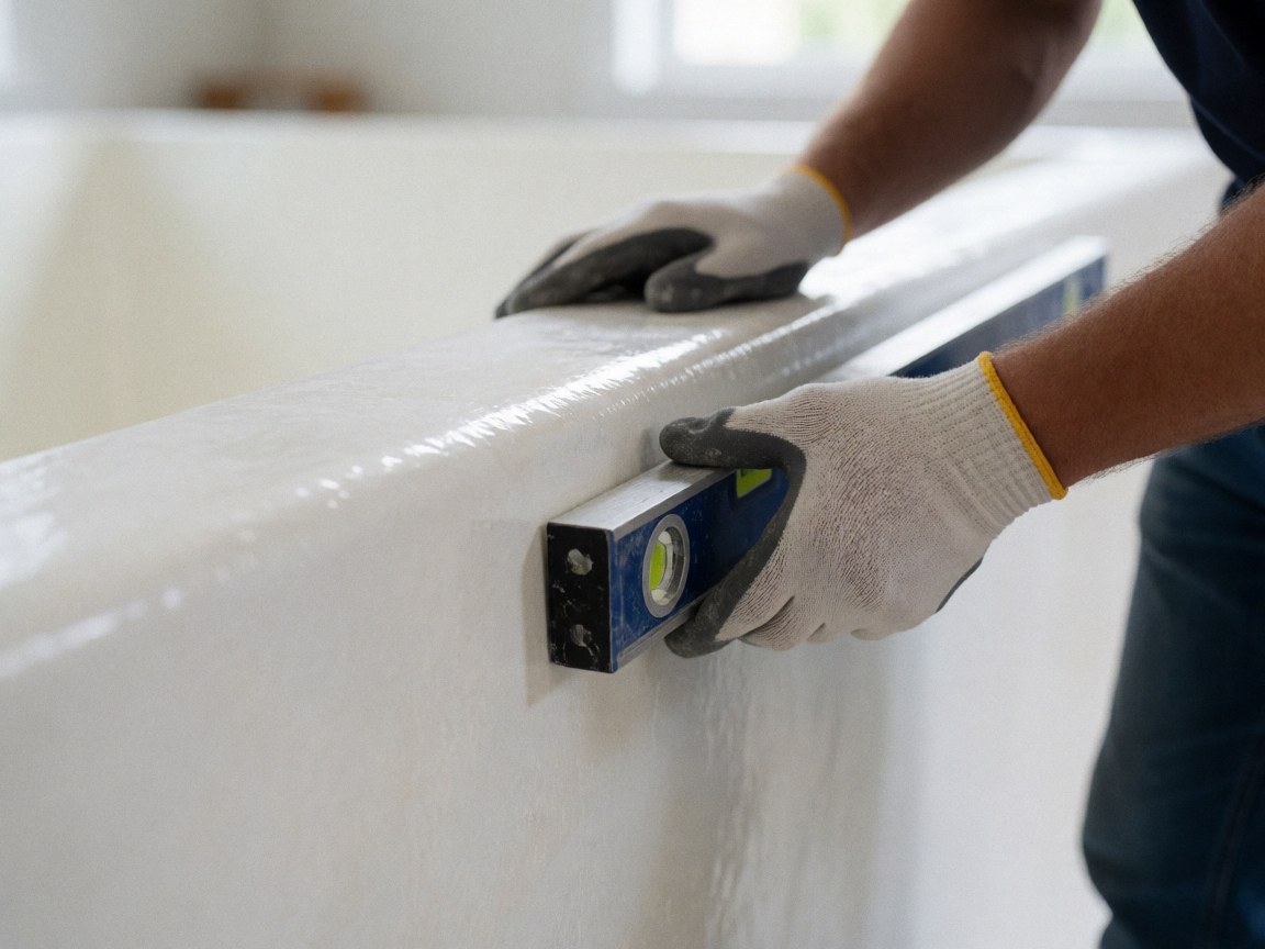 Close-up of a pool installer adjusting the level on the white wall of a prefabricated fiberglass pool during installation work