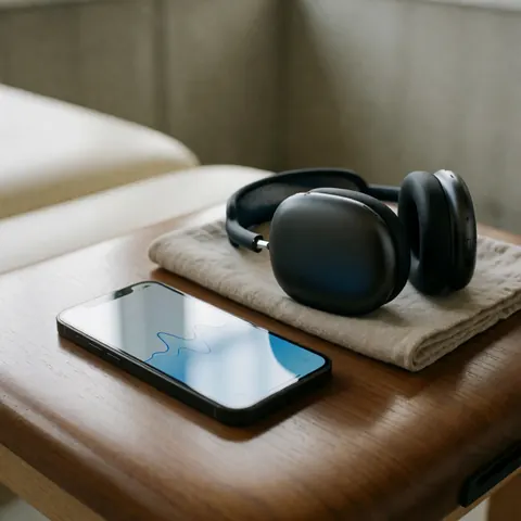 Black headphones and a smartphone displaying calming waves rest on a polished wooden table in a room with concrete walls and natural light.
