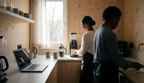 Two staff members serving coffee in a modern kitchen with wood paneling near a window with natural light