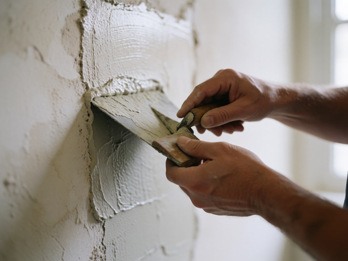 Close-up of hands using a wooden trowel to apply mortar on a plaster wall, showing tool detail and application texture for stucco finishes.
