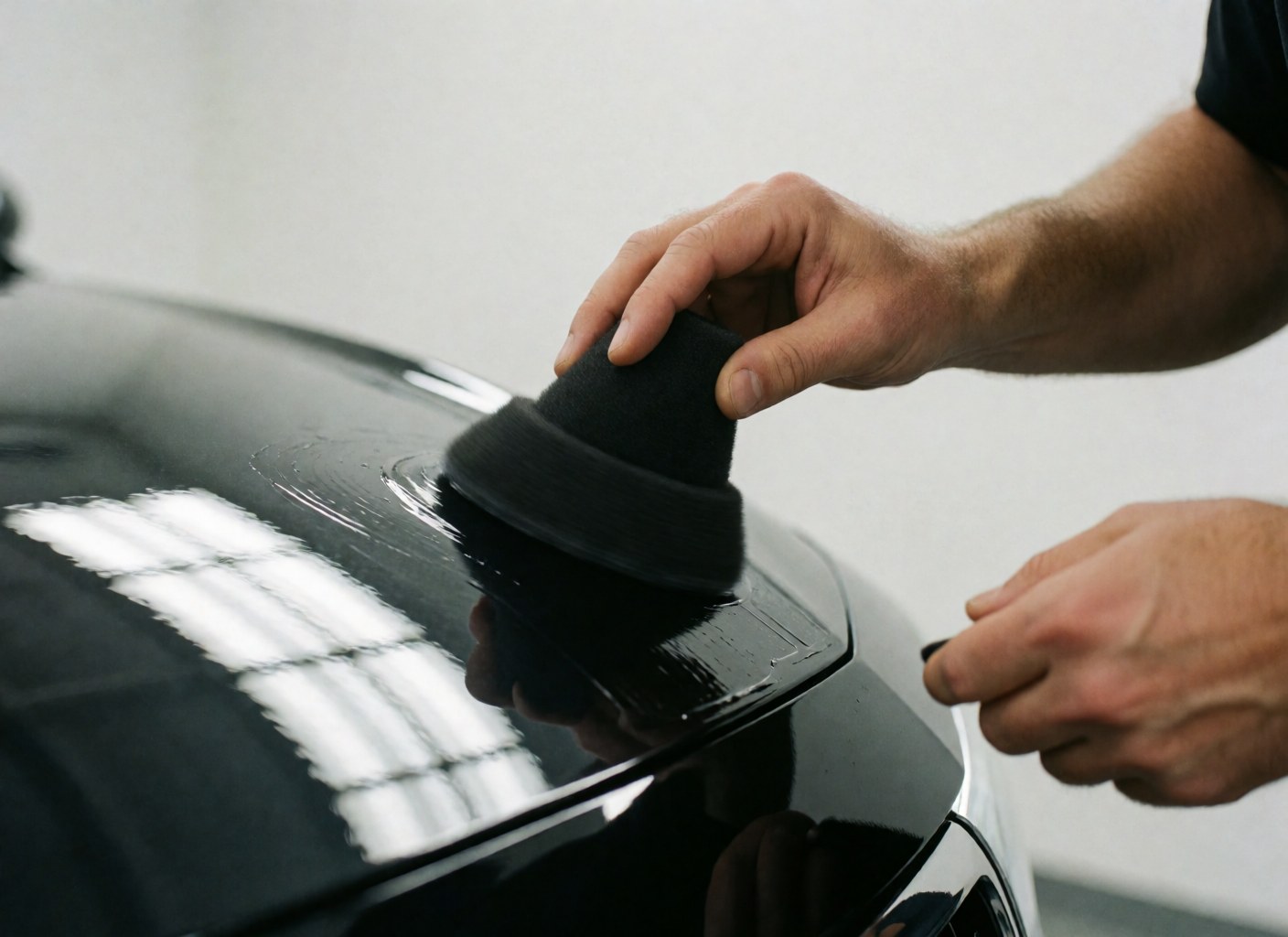 Close-up of a hand applying ceramic coating to a shiny black car in a workshop with light reflections