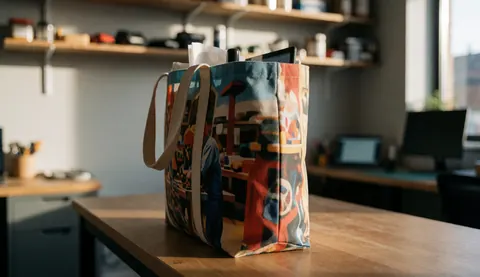A colorful printed fabric bag resting on a wooden table in a workshop with natural light and copy space