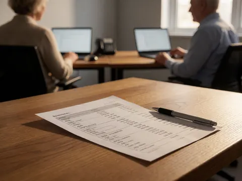 Printed travel itinerary with flight and airport details on a wooden desk with a pen in a travel agency office