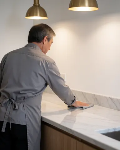 A man in a gray apron wipes a white marble countertop with a cloth under pendant lights in a modern kitchen.