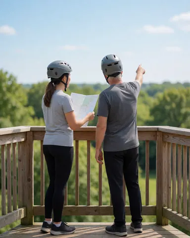 Two people wearing helmets and holding a map on a wooden platform, looking at the tree landscape and blue sky in an adventure park.