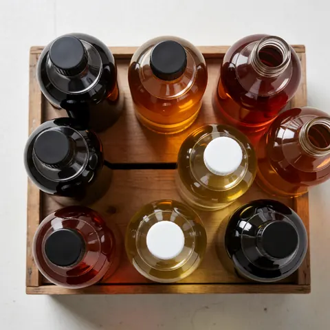 Top view of wooden box containing brown and yellow decorative paint dye bottles for craft projects