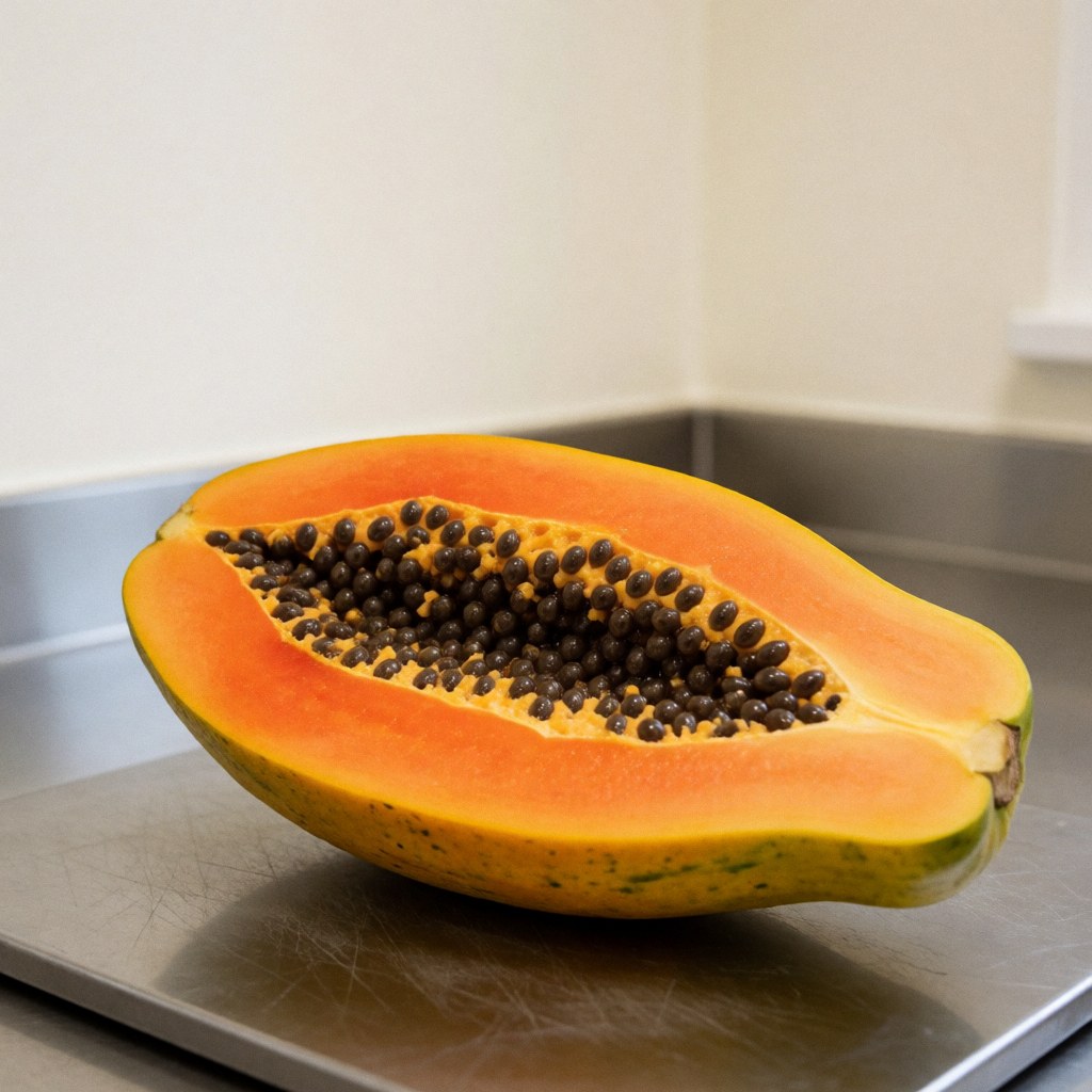Halved papaya on stainless steel table displaying orange pulp and black seeds for fresh food business