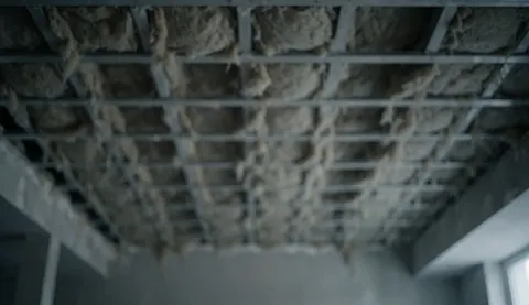 Background of a construction ceiling featuring metal beams and mineral fiber insulation, suitable for heating repair text overlays