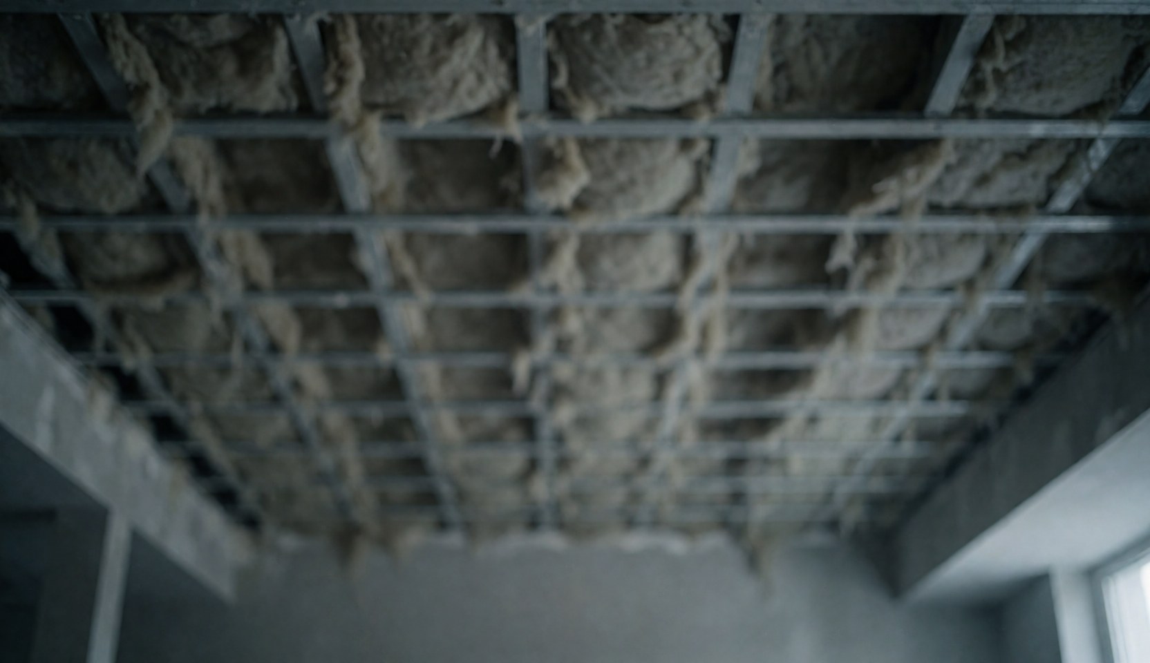 Background of a construction ceiling featuring metal beams and mineral fiber insulation, suitable for heating repair text overlays