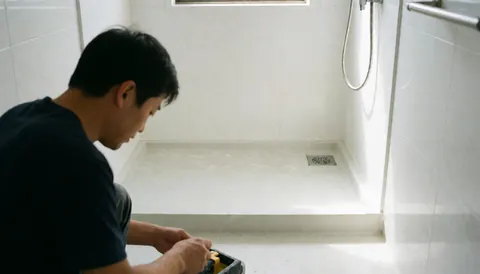 Installer adjusting an acrylic shower unit in a modern bathroom with white walls and natural light
